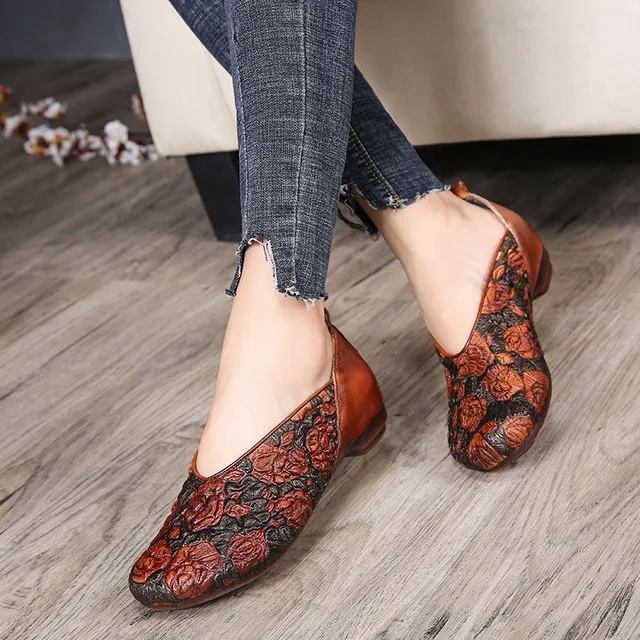 Tyawkiho Genuine Leather Women Flats Embroidery Yellow