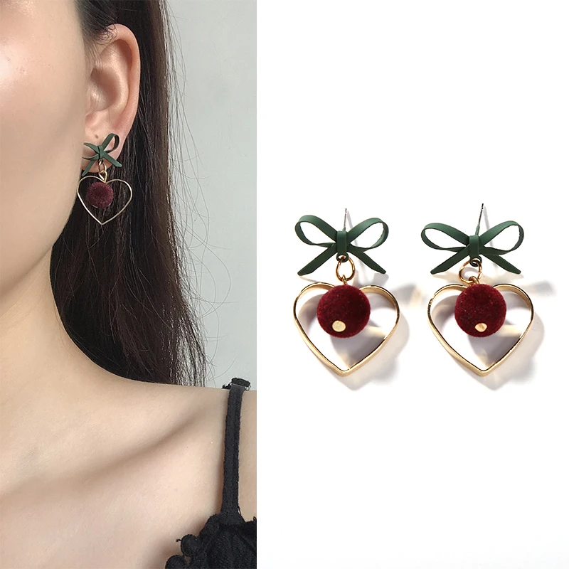 

Sweet Green Bow Hollow Love Heart Wine Red Pom Pom Fur Ball Drop Dangle Earrings for Women Wedding Bridal Jewelry Gift