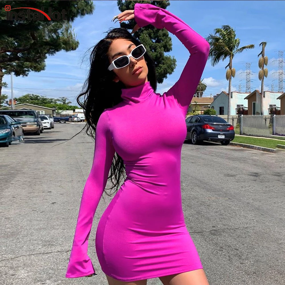 

InstaHot Turtlenekck Slim Fit Stretchy Flare Sleeve Dress Autumn Party Club Mini Dresses Sexy Bodycon Elegant Women Casual Dress