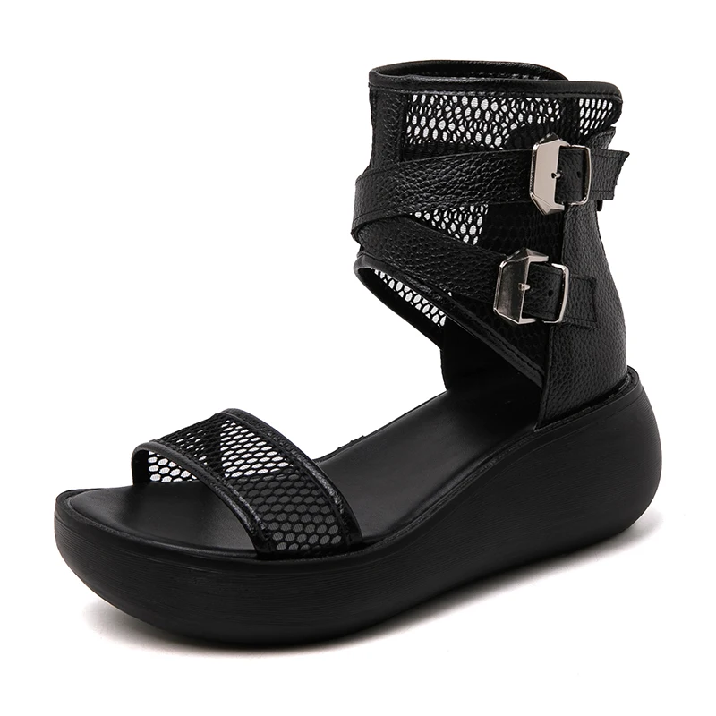 

Size 34-40 Thick Sole Sandals Roman Summer Genuine Leather Wedges Shoes Open-toed Mesh Buckle Sandalias Plataforma Women