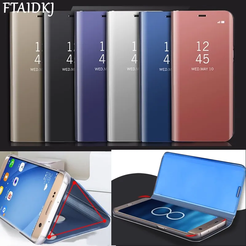 

FTAIDKJ Plating Mirror Case For iPhone XS Max XR X 7 8 Plus 6 6S Plus Luxury Leather PC Flip Phone Case Clear View Stands Case