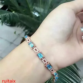 

KJJEAXCMY fine jewelry 925 pure silver with natural blue square topaz bracelet jewelry gold color.