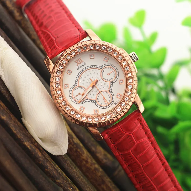 

Free Shipping!Gold plate round big case,three eye imprint dail,Leather band,Gerryda fashion unisex quartz leather watches