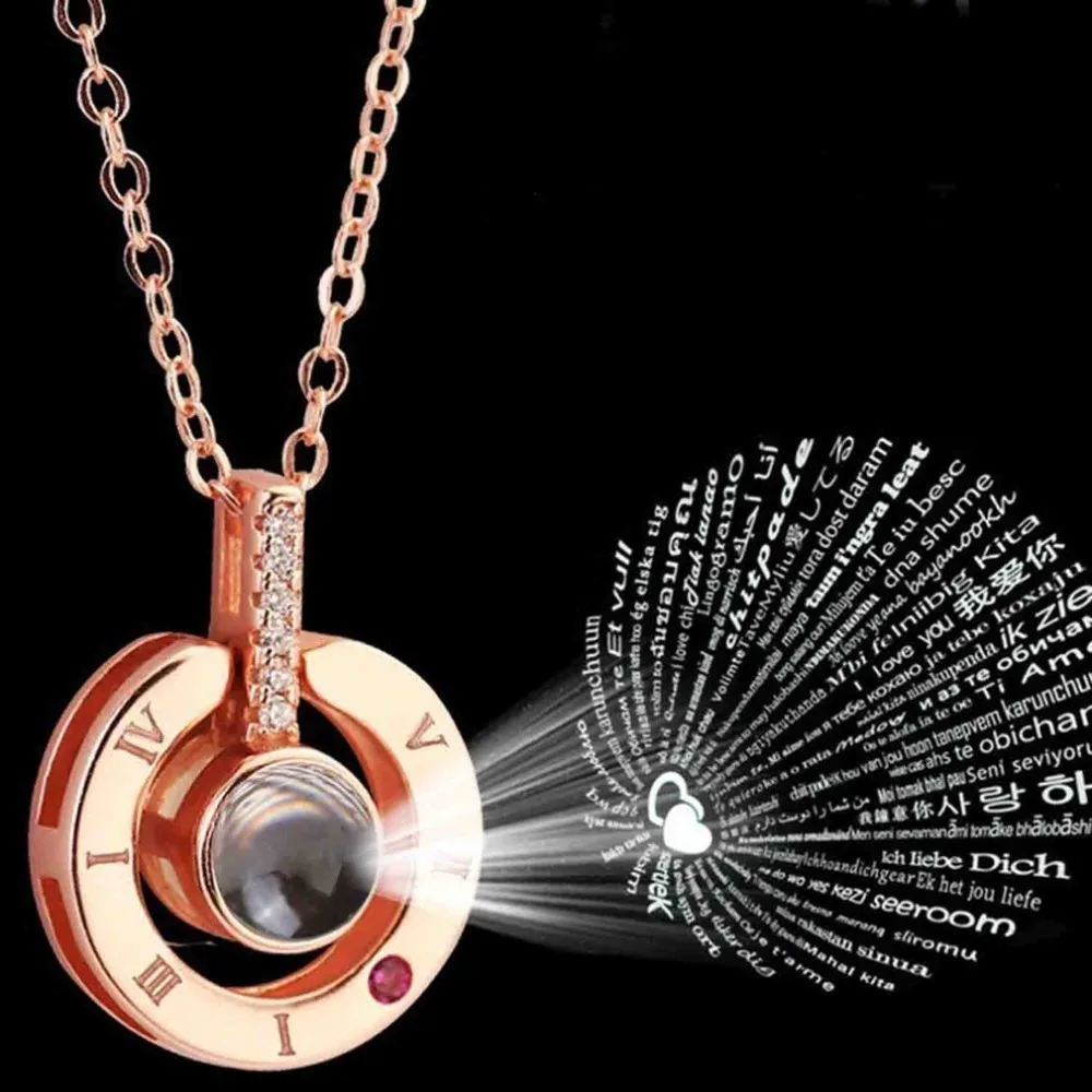 

Rose Gold&Silver Alloy Love Pendant 100 Languages I Love You Shaking Sounds with Projection Clavicle Chain Sweater Necklace