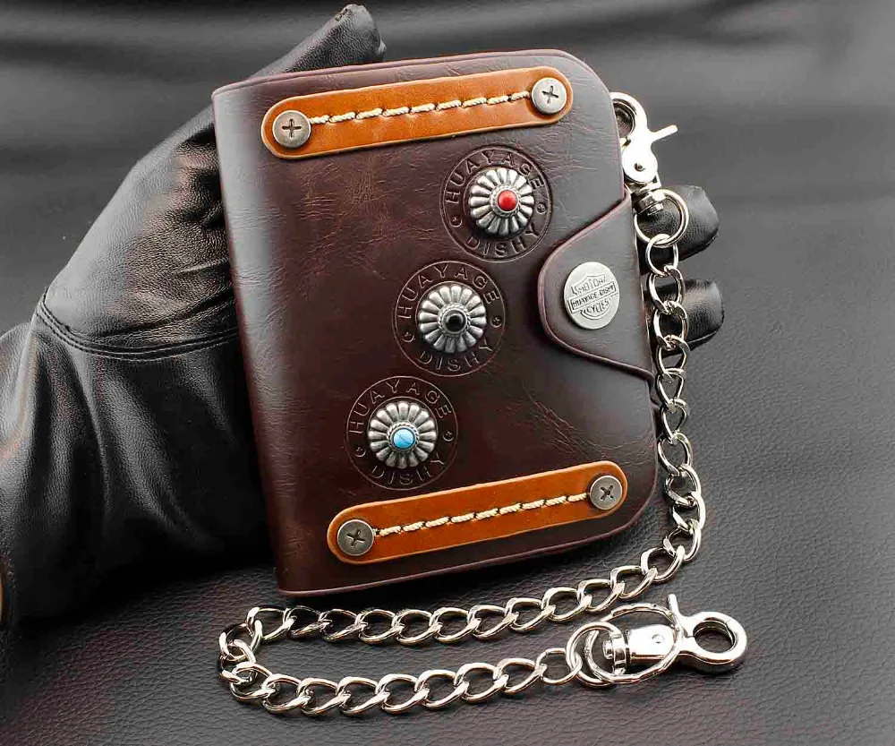 

Three Color Concho Leather Money Card Holder Men Wallet Wtih Chain Trucker Punk