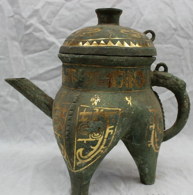 

xd 001797 10" Chinese Dynasty Folk Culture Old Bronze Gilt Statue Dragon Pot Bottle Flagon
