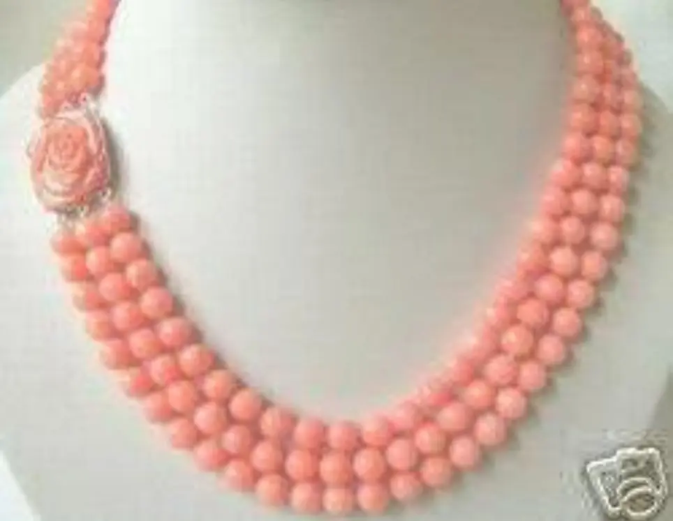 

Rare 3 rows 7-8mm Pink coral beads necklace 17"-19"AA+01