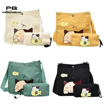 

2pcs/set Women Canvas Cartoon Cat Print Shoulder Crossbody Handbags Pen Bag