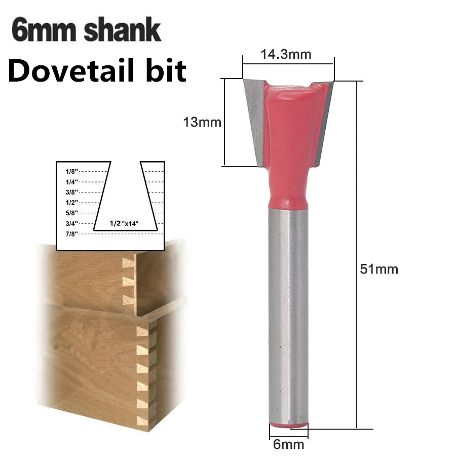 

1pc 6mm Shank Dovetail Milling Cutters 3/8 X 14" Wood Router Bit High Quality Tungsten Carbide Woodworking Cutters Cheap Price