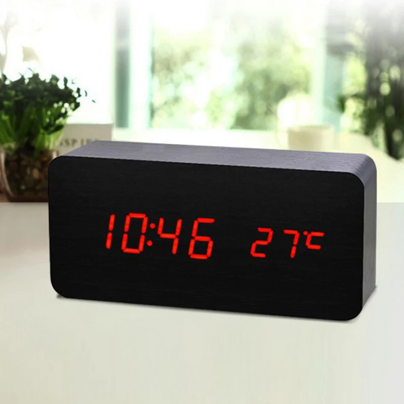 

LED Alarm Clock Wooden Digital Temperature Electronic Sounds Control For Desktop Table Home E2S