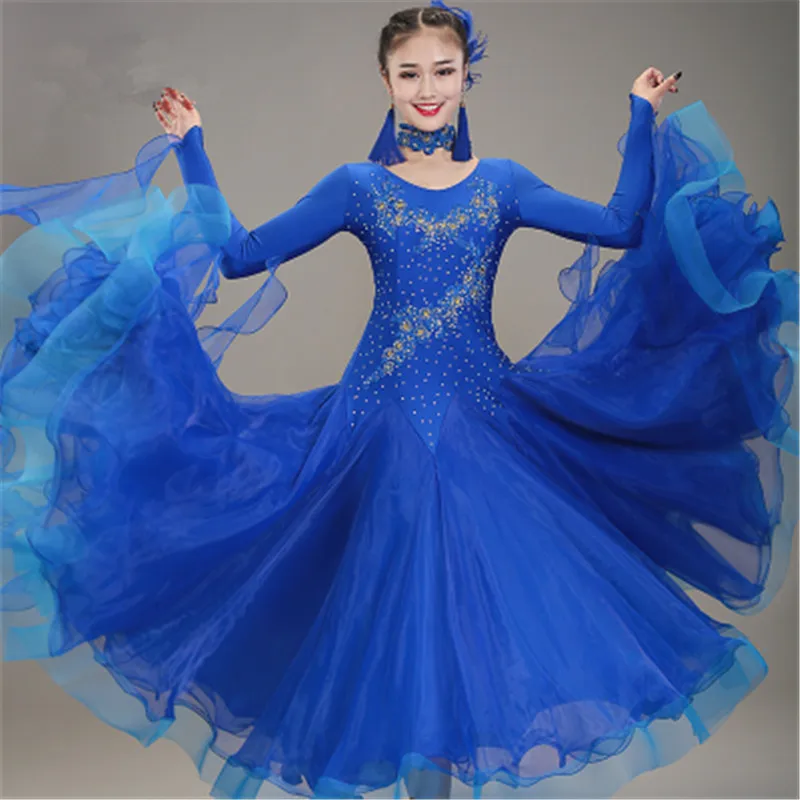 Ballroom Dance Dress For Women Long Sleeve Blue Standard Dancing