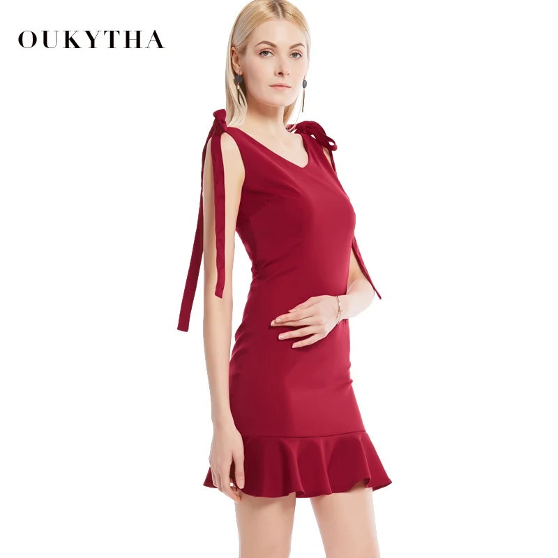 Oukytha 2018 spring Red Halter Dress V neck A line Tank Mini Dress