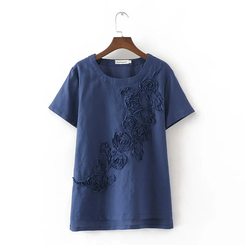 4XL футболки с аппликациями, летняя футболка для женщин, футболка с коротким рукавом, топы из хлопка и льна с круглым вырезом, Camiseta Feminina, большие размеры - Цвет: navy blue