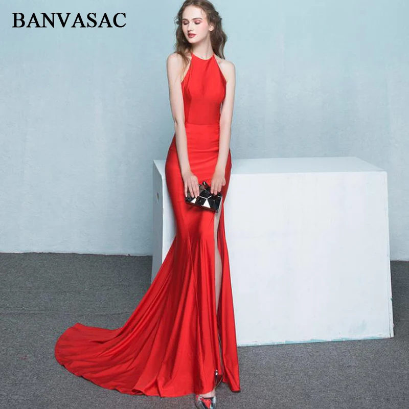 

BANVASAC 2018 Halter Elegant Split Mermaid Long Evening Dresses Party Cut Out Sweep Train Backless Prom Gowns