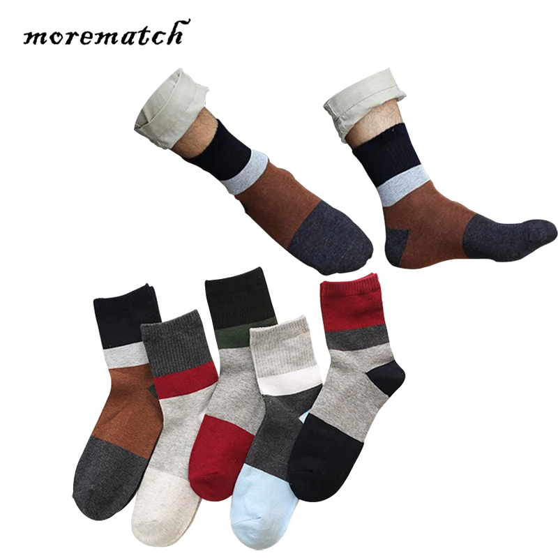 Morematch, 5 стилей, осенне-зимние мужские трендовые носки, трехцветные Лоскутные хлопковые носки в полоску, мужские носки для отдыха