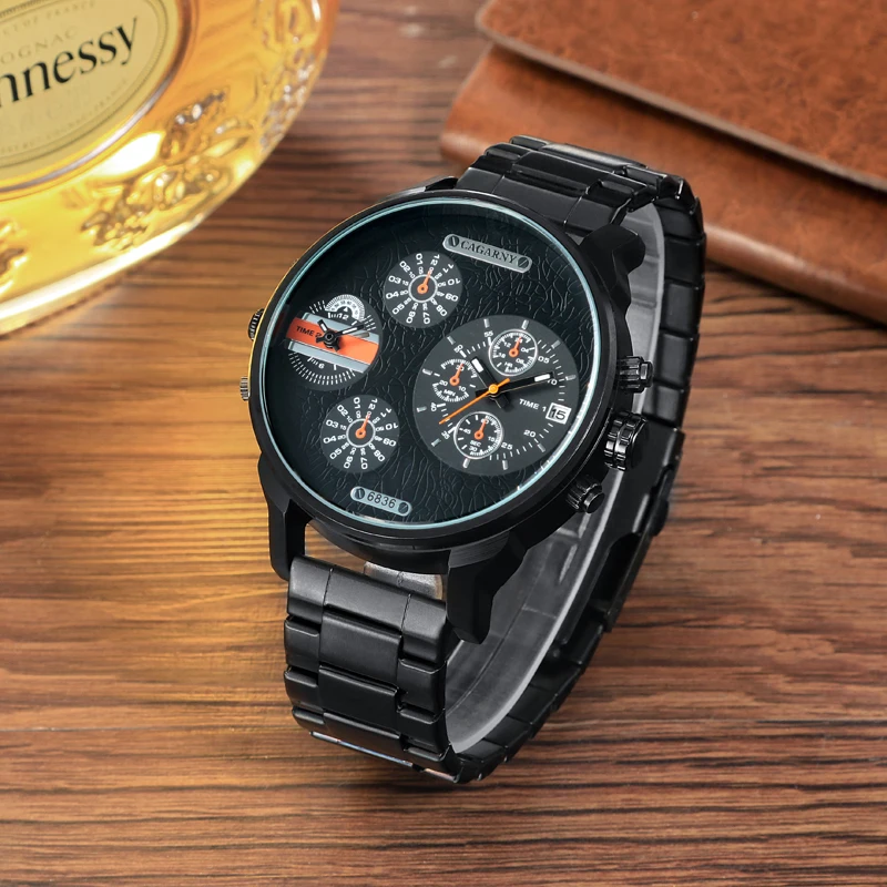 drop shipping top luxury brand cagarny black watch for men dual time zones military watch men (3)