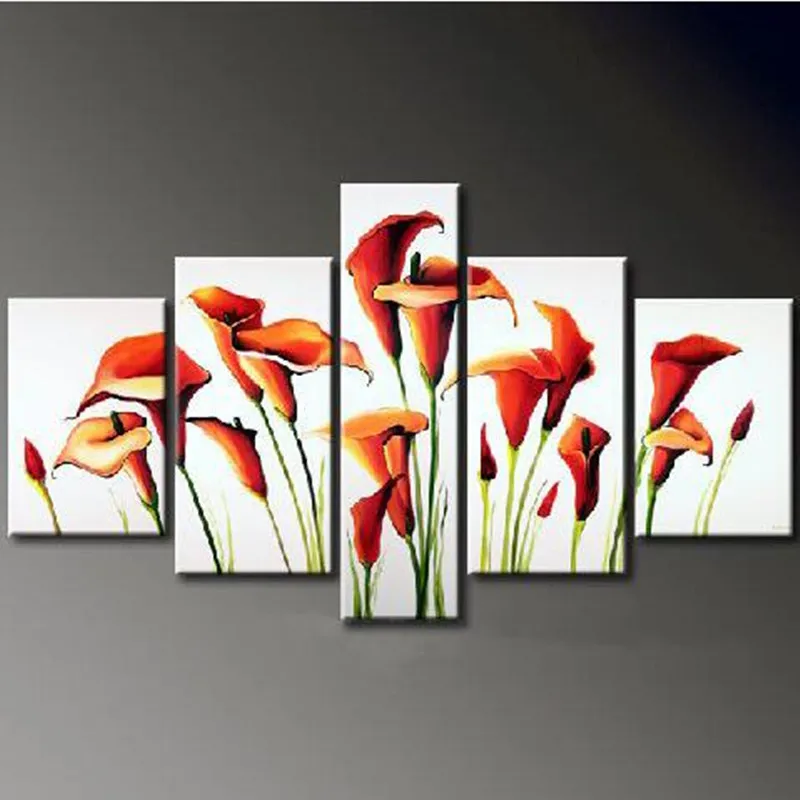 

Hand Painted Red Floral Paintings Large 5 Panel Canvas Pictures Abstract Lily Flowers Oil Painting Modern Home Decor Wall Art