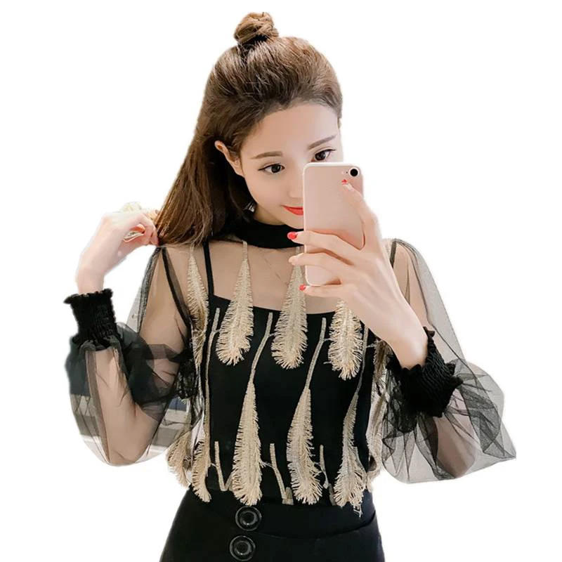 

Women Black See Through Mesh Blouse Shirt Fashion golden Feather Embroidery Tops For Party Club lantern Sleeve two piece OM341