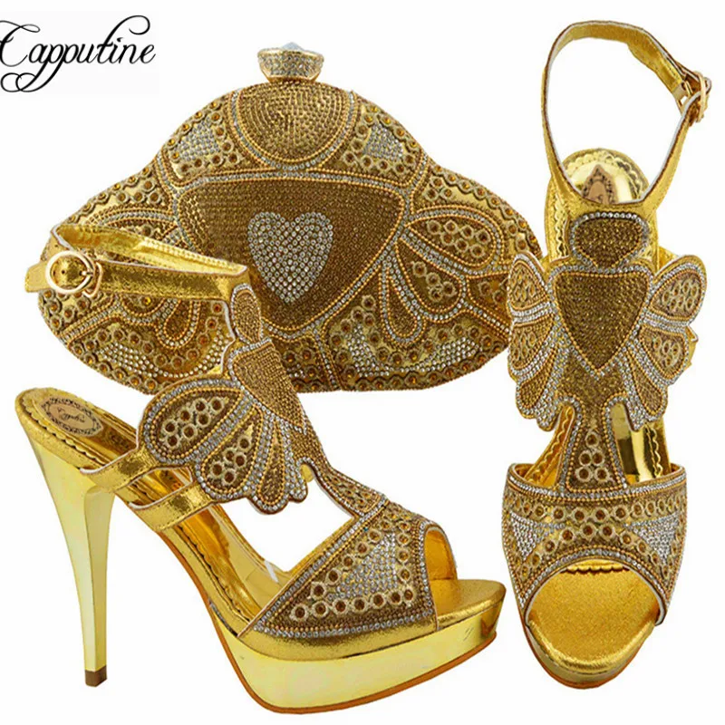 Capputine в нигерийском стиле Стиль женская обувь и Комплект с сумочкой в тон в итальянском стиле Стразы обувь на высоком каблуке в комплекте с сумочкой; вечерние размер 38–42