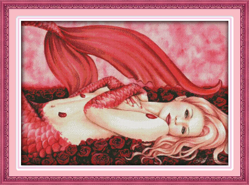 

A beautiful Red mermaid Printed Canvas DMC Counted Chinese Cross Stitch Kits printed Cross-stitch set Embroidery Needlework
