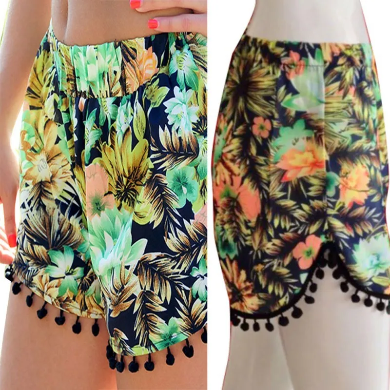 Лето 2016 BOHO женские с высокой талией бахромой цветочные короткие пляжные шорты