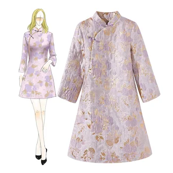 

Jacquard Floral Women Cheongsam Dress Elegant Chinese Style Evening Party Dress Gown Autumn Winter Cotton-Padded Qipao S-XL
