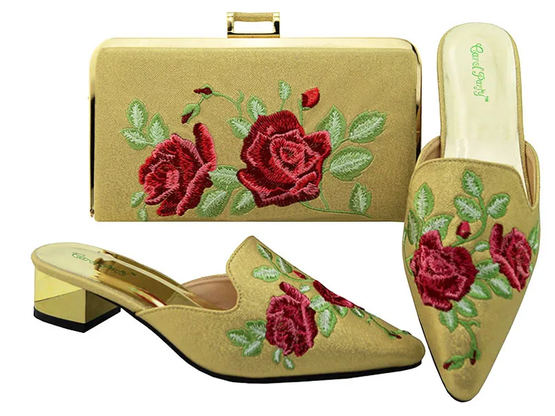 Free shipping 3d flower embroidery 1.5 inches heel gold slippers with matching clutches evening bag 2018 italy design SB8091-3