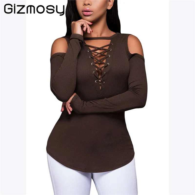 

Spring Summer Tshirts Off Shoulder Long Sleeve Solid Slim Fit Splice Bottoming Shirt Lacing V-neck T-shirt Women 2019 SY5018
