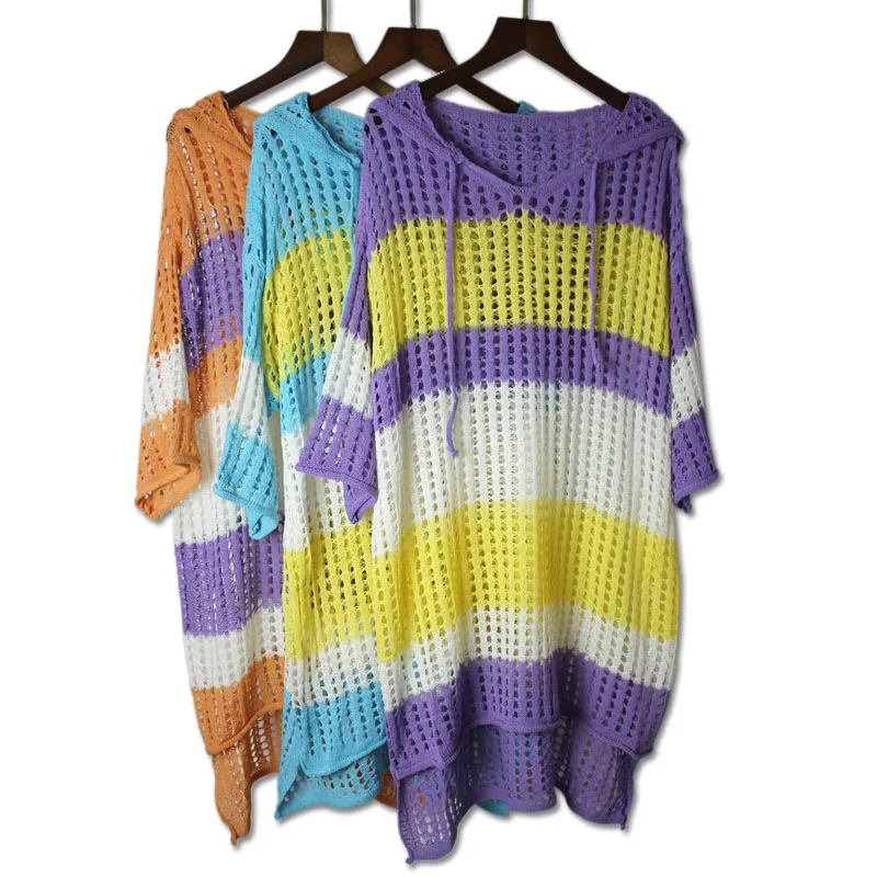 

Summer Chic Hooded Striped Hollow out Knitted Harajuku Loose Casual Long Top Fashion Half-sleeved Wild Sunscreen Women Clothing