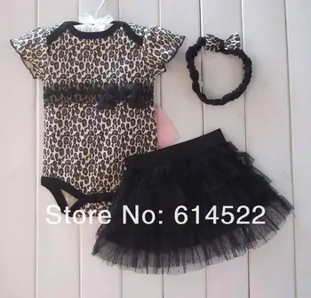 

Retail-Newborn jumpsuit, Leapord Rompers tutu skirt with headbands 3 pcs clothing set, baby wear, free shipping