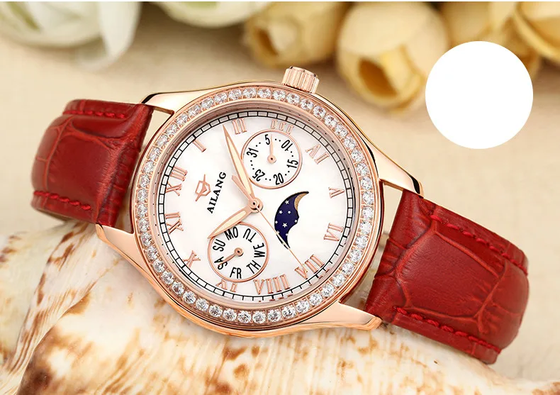 Роскошные Стразы женское платье часы в римском стиле; обувь в стиле ретро; элегантная обувь женские массивные часы работоспособной мульти-функциональные часы фаза Луны Reloj - Цвет: Red RoseGold White