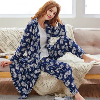 

pajamas for women,wide-legged pants, loose pajamas, autumn long-sleeved cotton nightgown, waistcoat, three-piece suit
