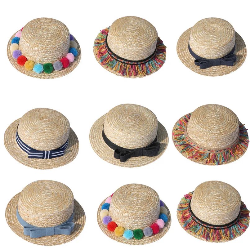 Пляжные кепки летние для родителей и детей, для маленьких девочек, Пляжная соломенная Кепка с плоским козырьком, дорожный солнцезащитный крем для отдыха, шляпа#2p23