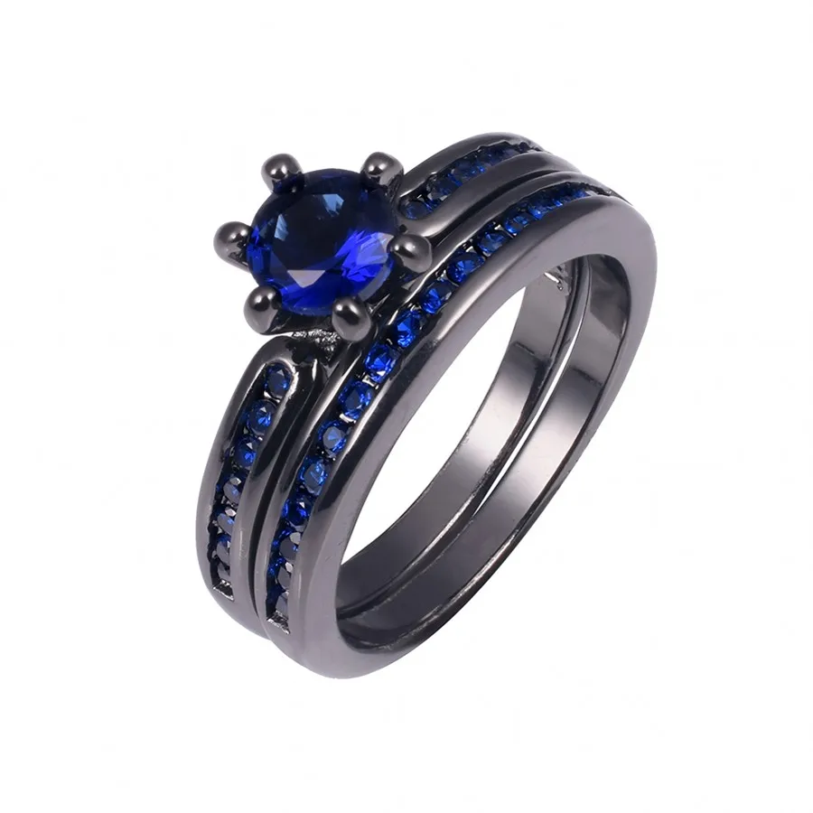 Fashion 10KT Black Gold Ring Finger for women Wedding Bride Jewelry Classic Six Claw 1ct Blue Sapphire Rings sets 2-in-1