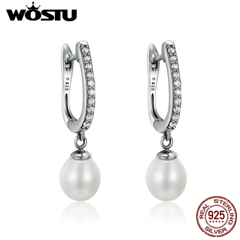 WOSTU 100% Pure 925 Sterling Silver Graceful Freshwater Pearl, Clear CZ Drop Earrings For Women Jewelry Brincos Gift CQE194 WOSTU 100% Pure 925 Sterling Silver Graceful Freshwater Pearl, Clear CZ Drop Earrings For Women Jewelry Brincos Gift CQE194