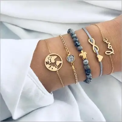 

Promotion 5pcs Set Fashion Map Love Heart Tortoise Charms Bracelet Various Combination Bijoux Jewelry Gift B3021