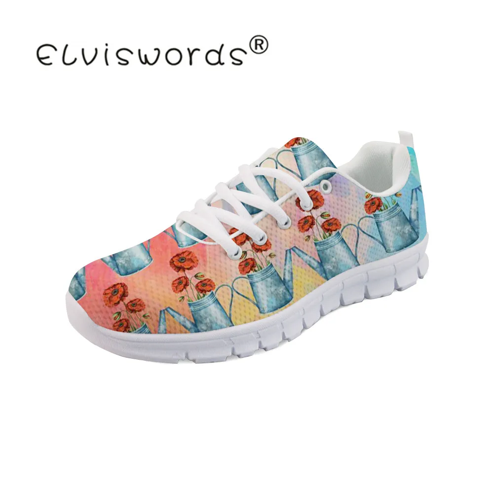 

ELVISWORDS New Female Watercolor Poppies Air Mesh Flats Ladies Teenagers Fashion Breathable School Students Moccasins Sneakers