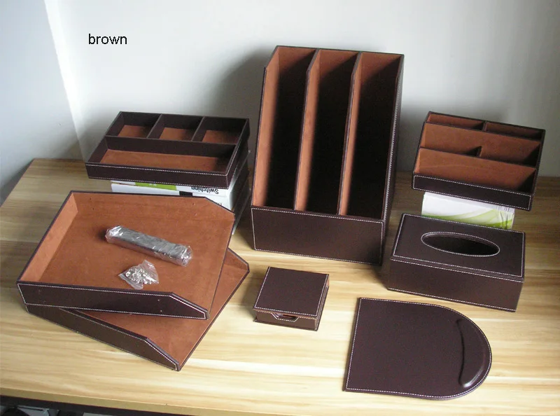 wooden leather office desk filing tray document stand stationery organizer tissue box mouse pad note case 7PCS/set brown K262