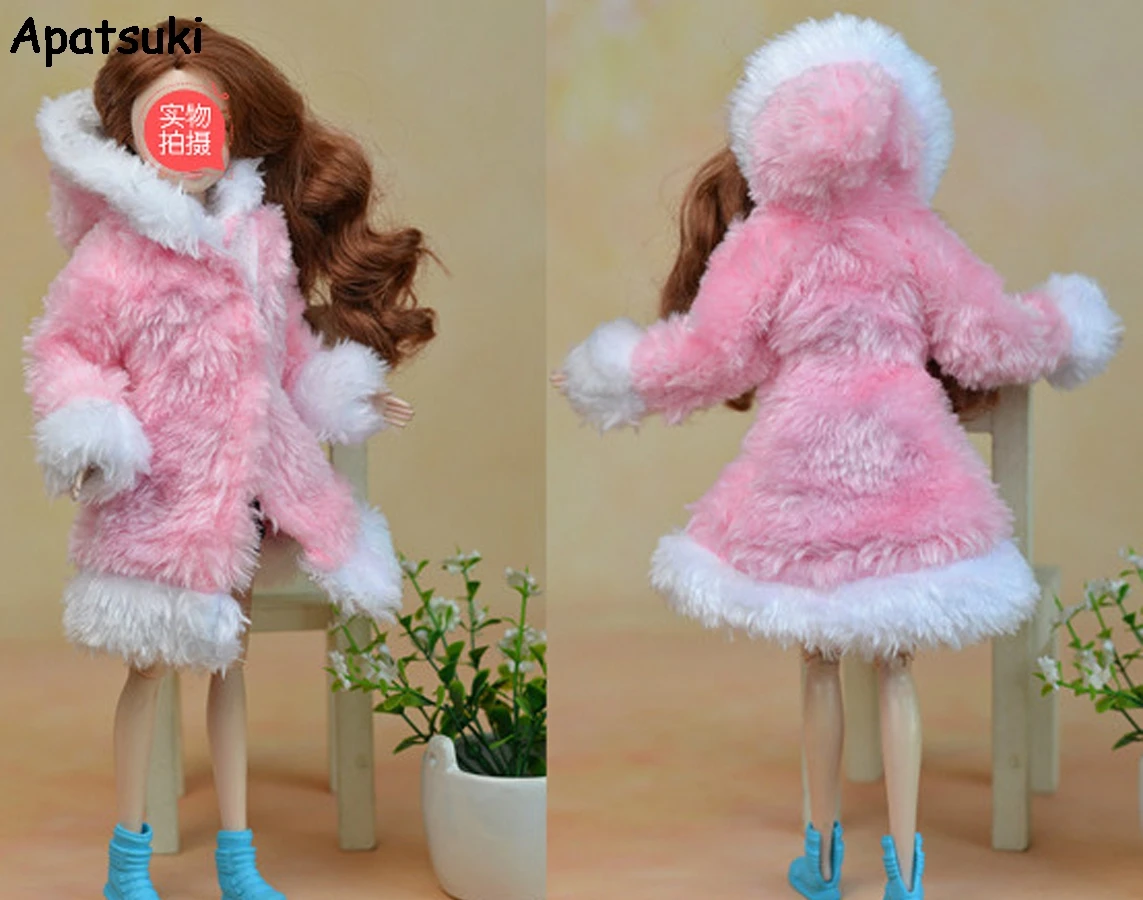 Розовое и белое зимнее теплое меховое пальто, платья, одежда для кукол Барби, меховая кукла, одежда для 1/6 BJD куклы, детские аксессуары для игрушечной куклы