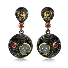 DC1989 Envío Libre 2016 de La Vendimia de Disco Redondo gota de oro Negro Fucsia Cubic Zirconia pendientes de Gota para las mujeres (E027)