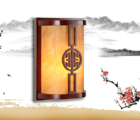 

Chineses red wood frame wall lamps Modern carved design yellow parchment E27 LED lamp for bedroom&porch&stairs&studio QLBD006