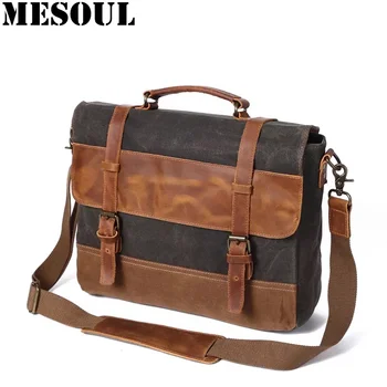 

Men's Briefcase Messenger Bag Waterproof Waxed Canvas Leather Large Satchel Vintage Shoulder Bags for College School Laptop Bag
