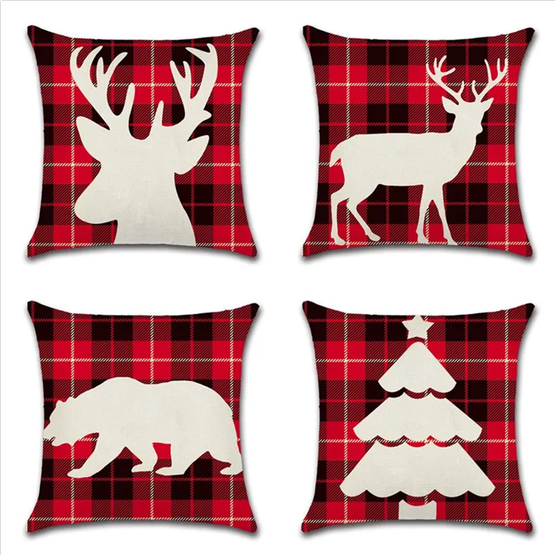 

Animal Elk Bear Tree Pattern Christmas Pillow Case Red Grid Pillows Cover For Home Bedroom Office Seat Pillowcase 45x45cm