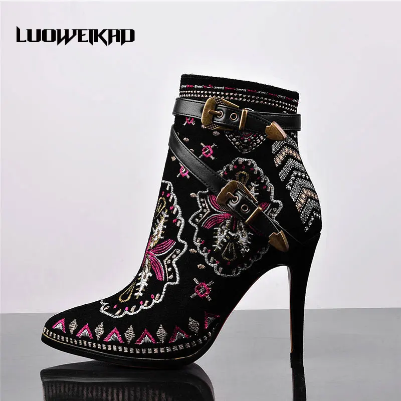 Embroidered Ankle Boots Fashion Slouchy Shaft Women's Heel Shoes Top
