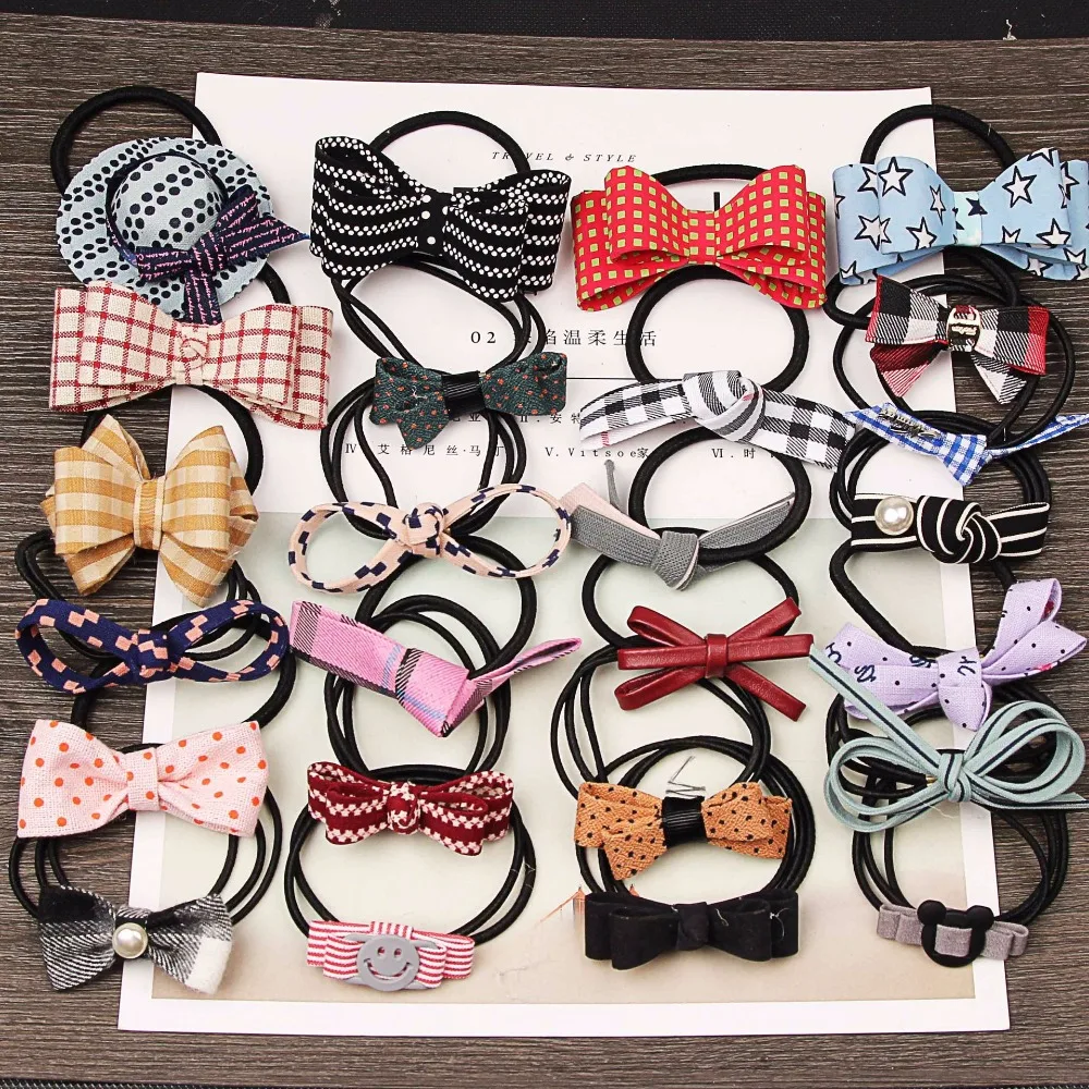 2017New Style Girls Elastics Hair Tie Big Bow Dot Checked Hair Ponytail