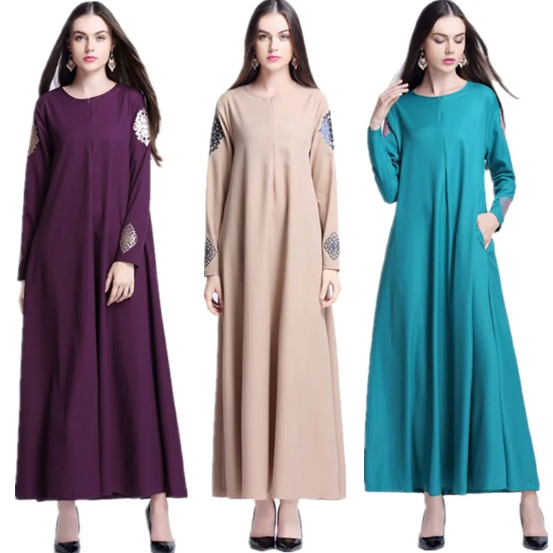 A009 Korea Linen Solid Color Print Muslim Lady dress retail sale 2017