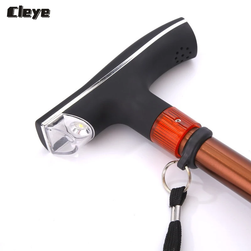 Cleye de alta calidad hombre senderismo caña de luz de aleación de aluminio con LED Anti-deslizamiento caída muñeca cuerda función de alarma para personas de la tercera edad