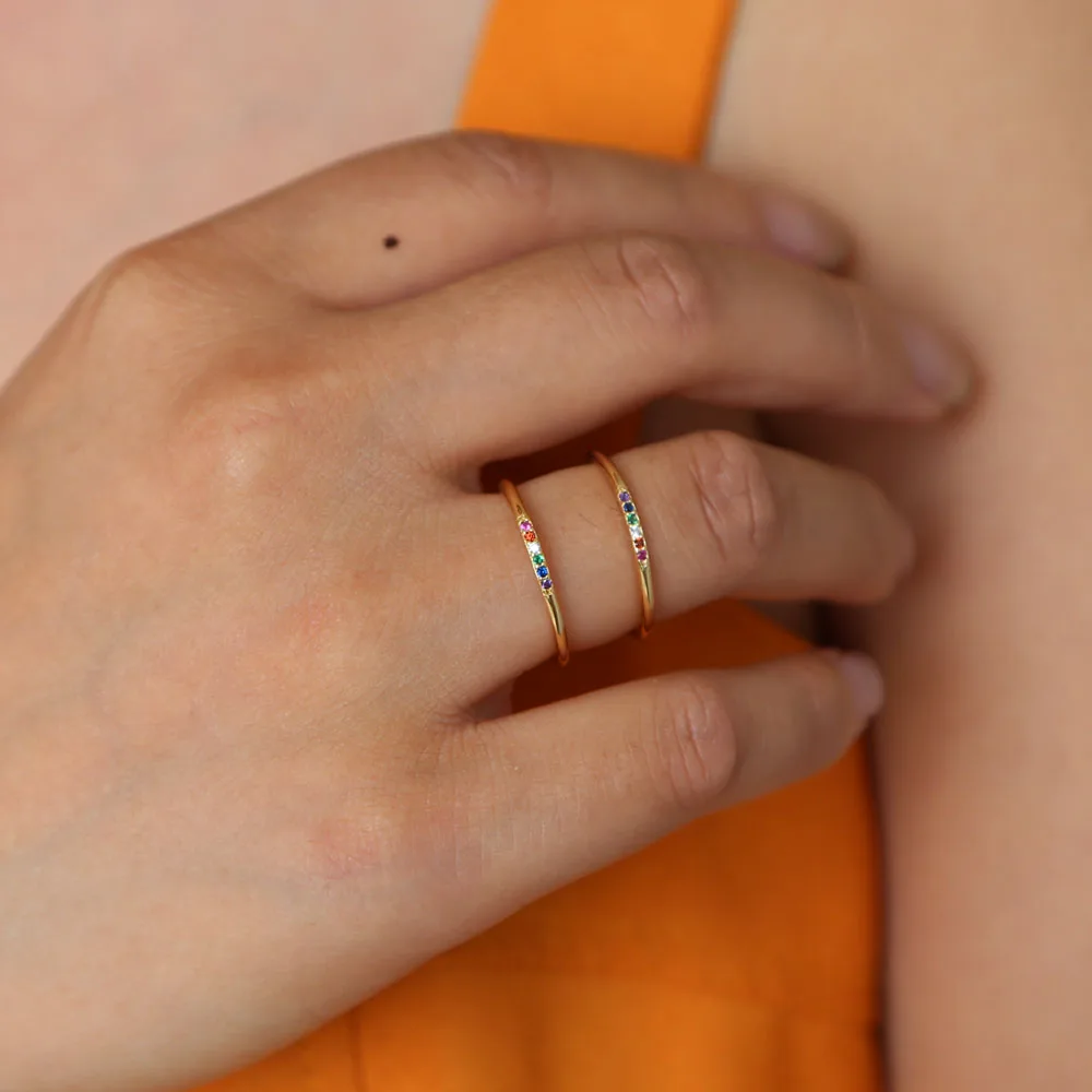 100% 925 sterling silver thin cz band Gold ring for women Rainbow multi color colorful cz thin band minimal delicate dainty ring