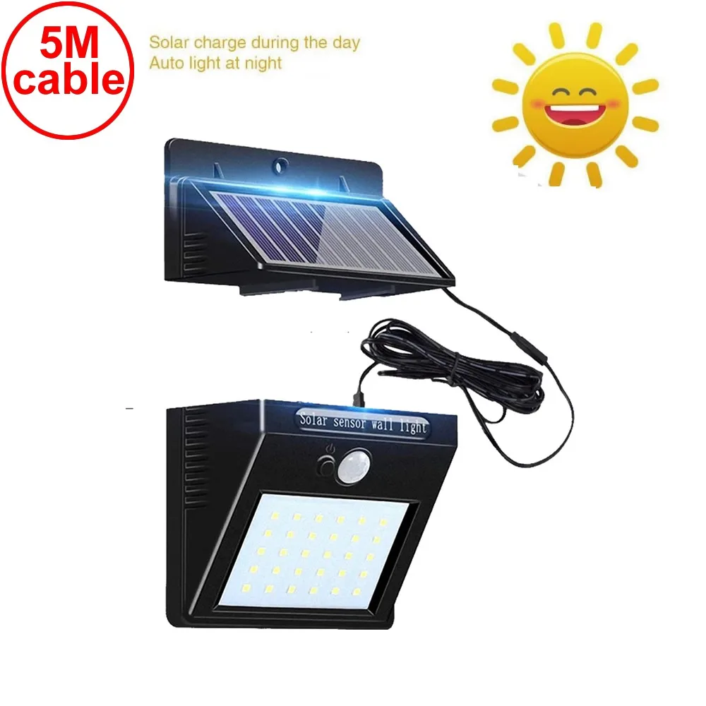 

30 led 500lm solar light split mount pIR motion sensor indoor use ip65 waterproof for street wall garden garage steps 5M cable