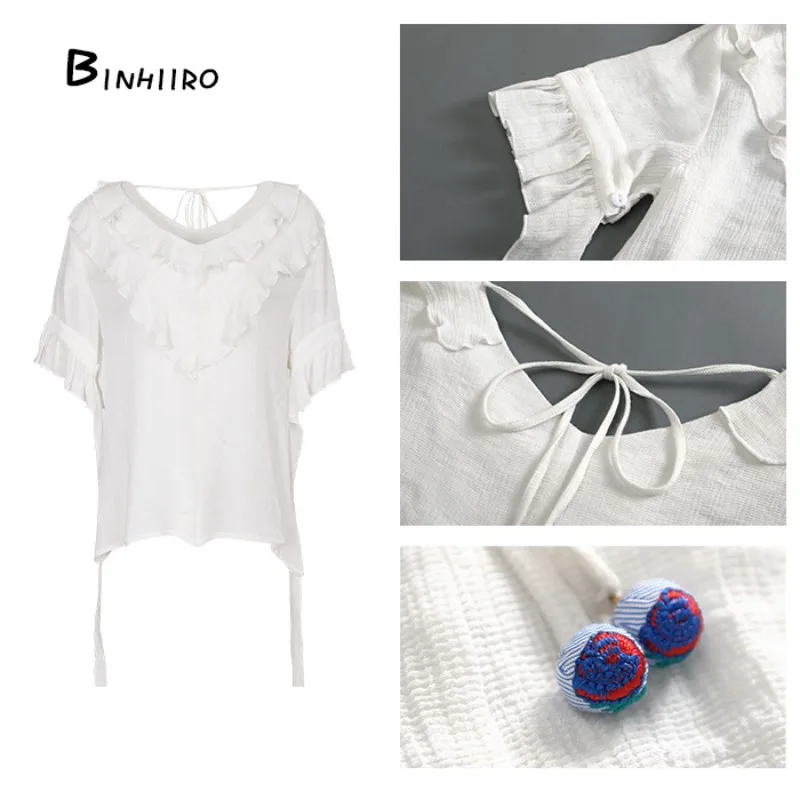 v neck ladies ruffled tops white flare sleeve womens blouses chiffon blouses summer casual short sleeve shirt Arrival new Blouses